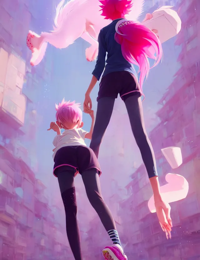 Image similar to a beautiful fullbody portrait of a cute anime boy with pink hairs wearing sport clothing and leggings under shorts barefoot in a city. character design by cory loftis, fenghua zhong, ryohei hase, ismail inceoglu and ruan jia. artstation, volumetric light, detailed, photorealistic, fantasy, rendered in octane