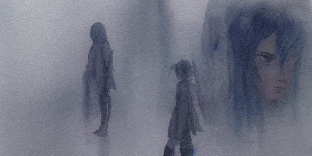 Image similar to simple watercolor, rough paper texture, ghost in the shell movie scene, backlit distant shot of girl in a parka