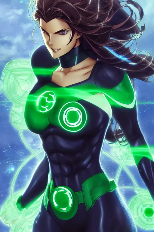 Image similar to anime key visual of a beautiful female green lantern! intricate, suit, powers, speed, goddess, dc comics, cinematic, stunning, highly detailed, digital painting, artstation, smooth, hard focus, illustration, character concepts by senior concept artist art by artgerm and greg rutkowski and alphonse mucha