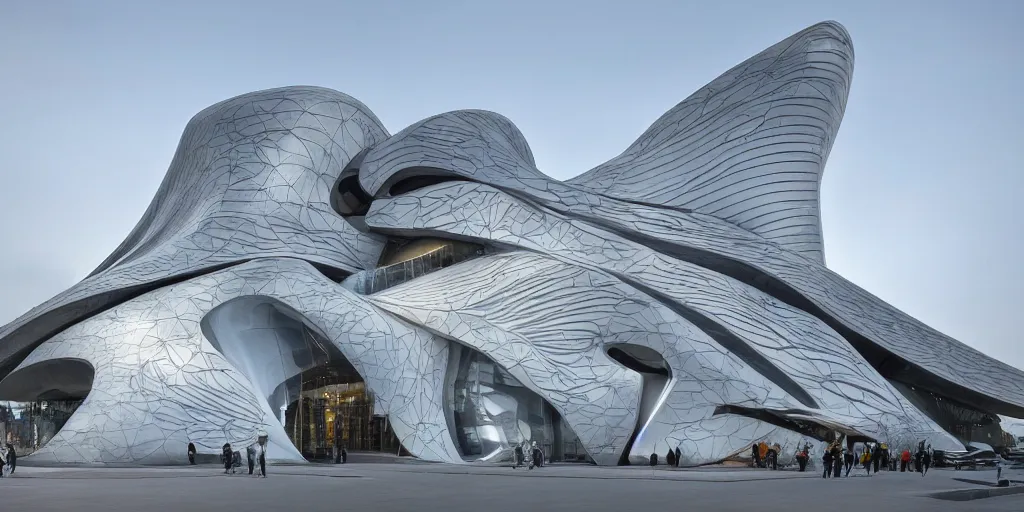 Image similar to extremely detailed ornate stunning beautiful elegant futuristic museum exterior by Zaha Hadid