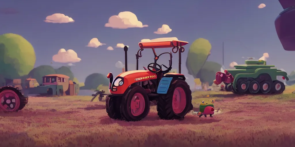 Image similar to tina belcher, cute cartoon little tractor dragging the russian tank, cinematic, goro fujita, chiho aoshima, beeple, trending on artstation, highly detailed, scene from a movie, soft lighting, 8 k