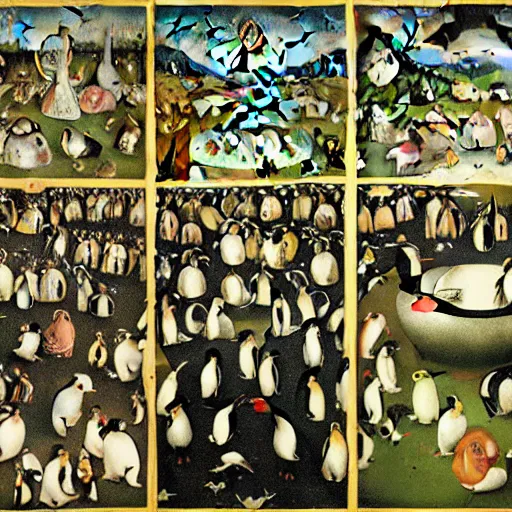 Prompt: the garden of earthly delights but with penguins, lots of penguins, Hieronymus Bosch, triptych