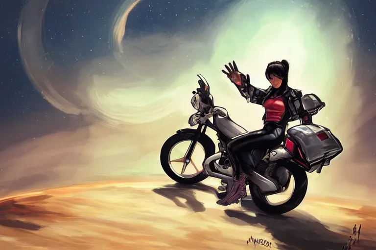 Prompt: michelle yeoh is riding a motorbike, digital painting, artstation, the space background, concept art, illustration,