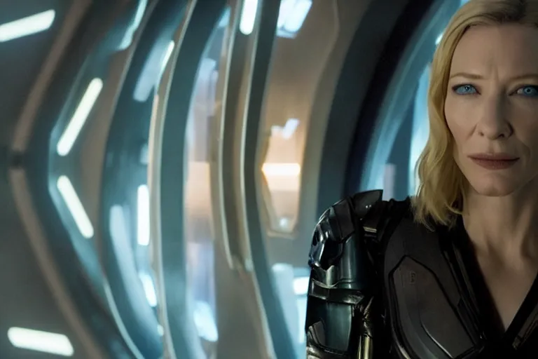 Image similar to cate blanchett on the bridge of a starship, cyberpunk, movie still