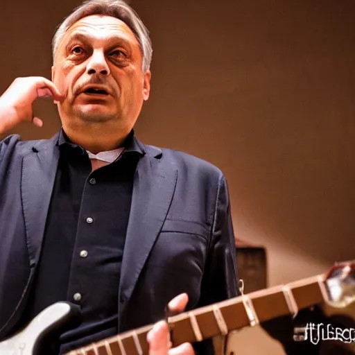 Image similar to viktor orban with a guitar, concert photography