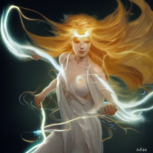 Image similar to female japanese lightning elemental, ghostly form, transparent, d & d, golden!!! palette, highly detailed, digital painting, artstation, concept art, sharp focus, illustration, cinematic lighting, art by artgerm and greg rutkowski and alphonse mucha