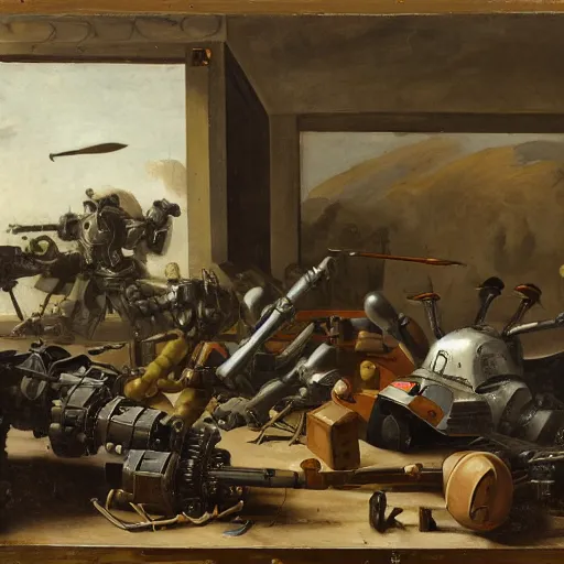 Prompt: Still life of a combat mech surrounded by its weapons, inspired by Pieter Claesz