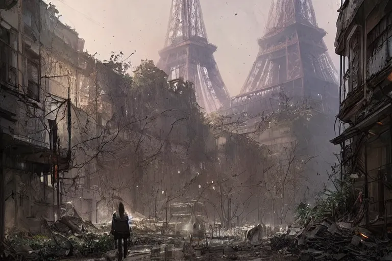 Prompt: An abandoned, post-apocalyptic Paris, by Greg Rutkowski, overgrown with plants, buildings in ruins. Trending on Artstation