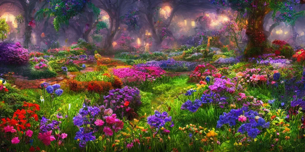 Image similar to beautiful fantasy flower garden, saturated, detailed lighting, high quality, sharp focus, intricate, digital painting, artstation, 4k