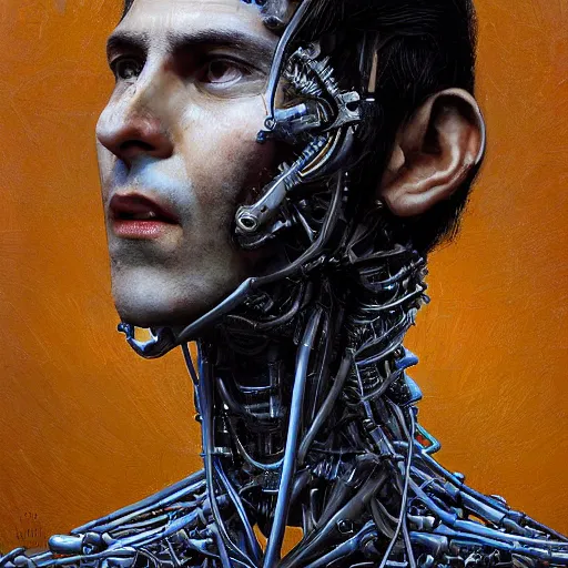 Image similar to surreal portrait of a man by Greg Rutkowski, symmetrical face, he is about 30 years old, short black hair with bangs, his features are a mix between French, Turkish and Russian, transformed into a kind of biomechanical transhuman god, uncany but fascinating, expression of epiphany and determination, cosmic void background, frightening, fascinating, highly detailed portrait, digital painting, book cover, artstation, concept art, smooth, sharp foccus ilustration, Artstation HQ