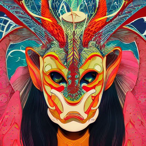 Image similar to Tristan Eaton, victo ngai, artgerm, symmetrical dragon mask, filled with anger and disgust