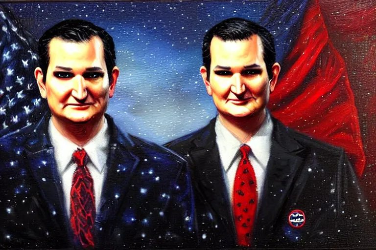 Image similar to portrait of ted cruz as the zodiac killer at night texas, an oil painting by ross tran and thomas kincade