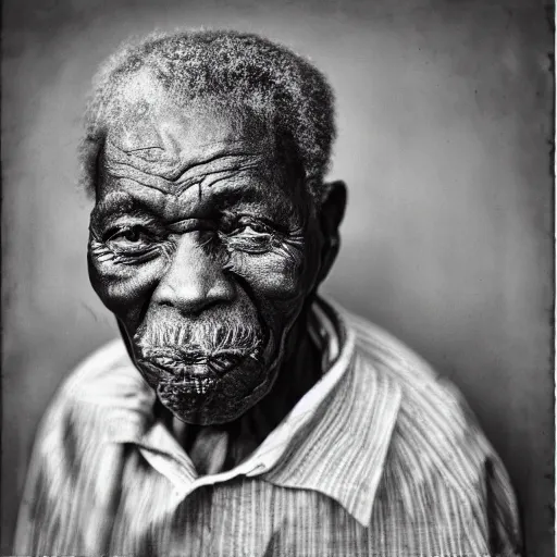 Prompt: black and white photo, portrait of 80 year old congolese man by richard avedon, realistic, Leica, medium format, cinematic lighting, wet plate photography, parallax, high resolution,