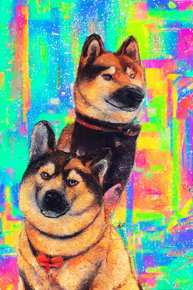 Image similar to a portrait of a shiba inu dog in the neon streets of tokyo, in the style of studio ghibli, artistic, colorful palette, highly detailed