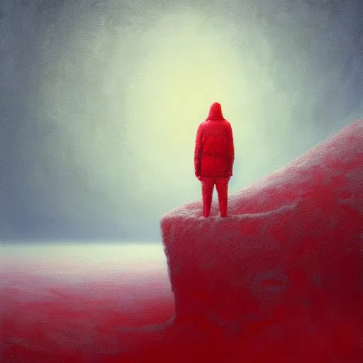 Image similar to a painting of a person standing in the snow, blizzard, a surrealist painting by zdzisław beksinski and by alena aenami, deviantart, nuclear art, dystopian art, apocalypse landscape, red color scheme, surrealist