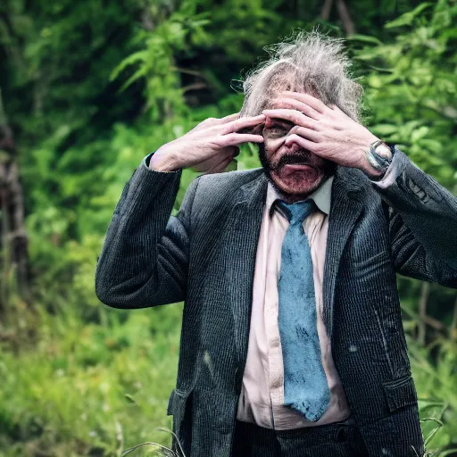 Image similar to A disheveled feral psychiatrist in his natural habitat. He is in his forties and wearing a dirty torn suit. 4K, National Geographic photograph