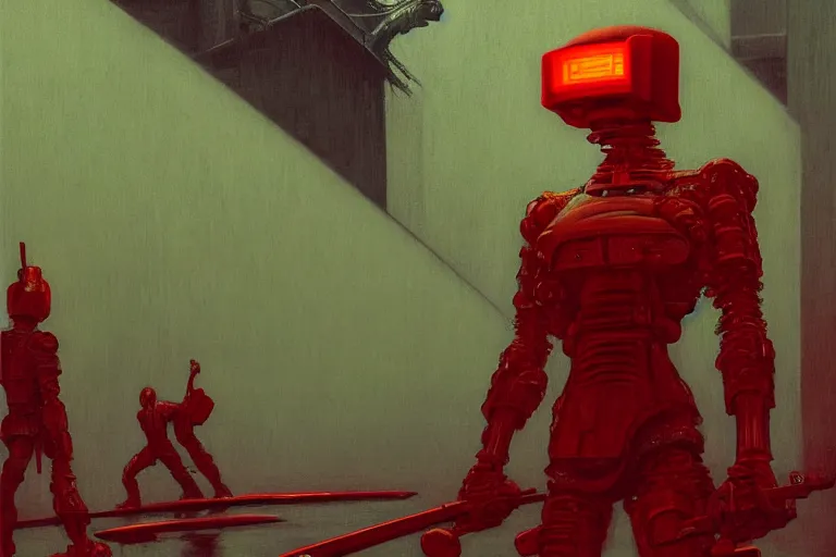 Image similar to only with red, a red cyborg samurai, tokio futuristic in background, some evil yokai fight, in the style of beksinski, parts by edward hopper, parts by rodcenko, parts by yue minjun, intricate and epic composition, red by caravaggio, insanely quality, highly detailed, masterpiece, red light, artstation, 4 k