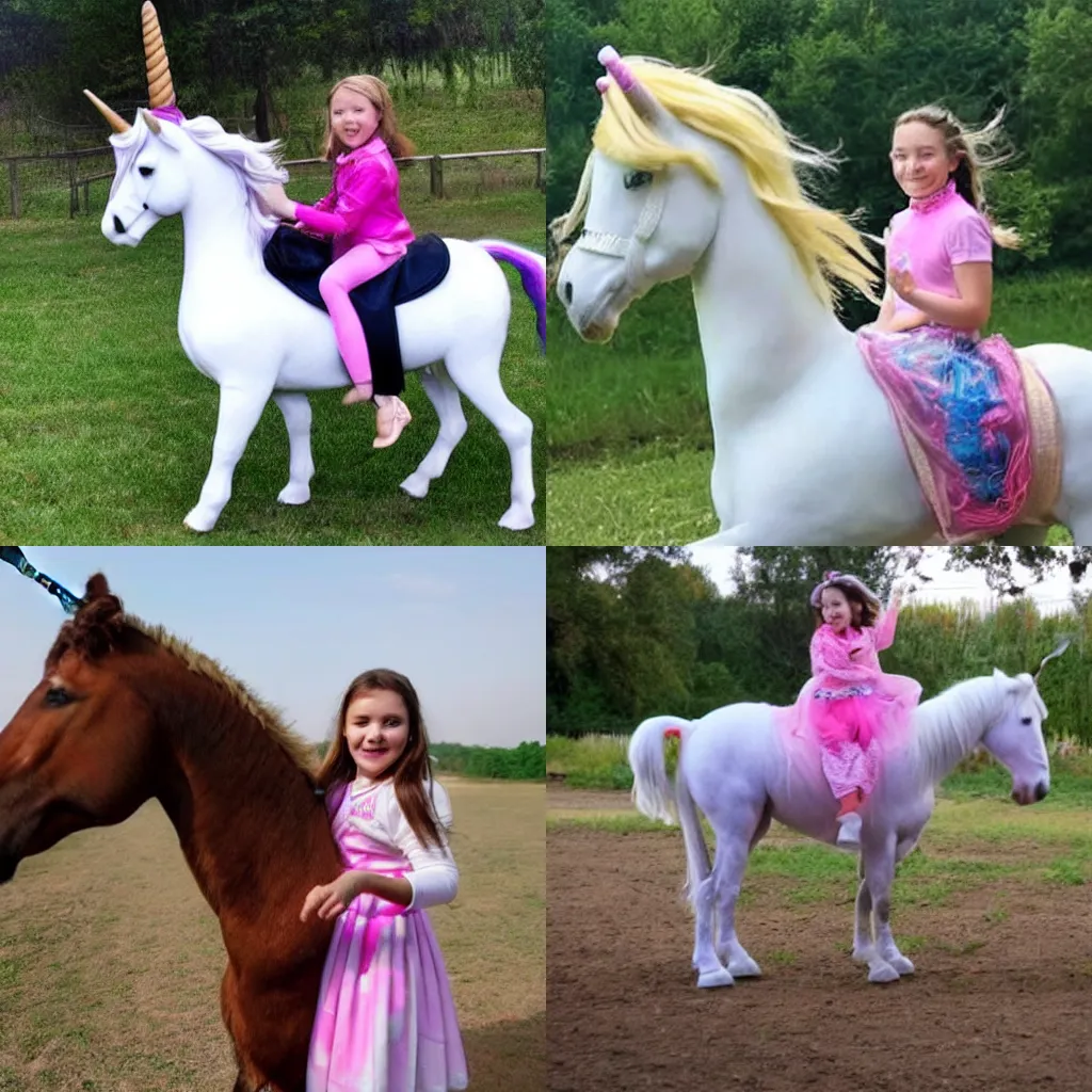 Prompt: a 9 year old blone girl riding a unicorn