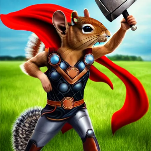 Image similar to the squirrel thor ~ holding his hammer ~ dramatic thunder background ~ fighting scene ~