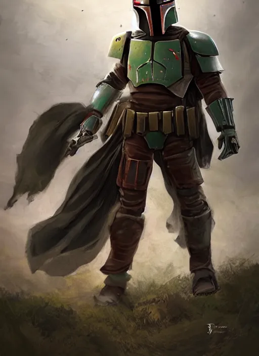 Image similar to boba fett as a medieval knight, fantasy inspired boba fett as a knight in a scenic environment, 3 d digital art, character mashup, epic volumetric lighting, combination art, photorealistic, sharp focus, aesthetic, inspired by zbrush
