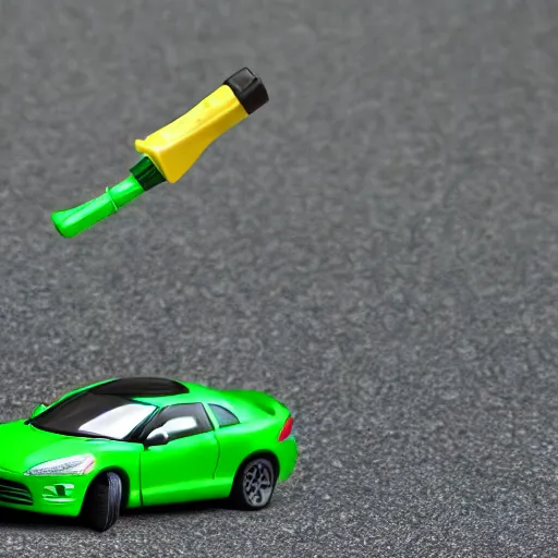 Prompt: a woman driving a Jada toys mitsubishi eclipse green diecast car, high resolution macro photo, viewed through the cars window