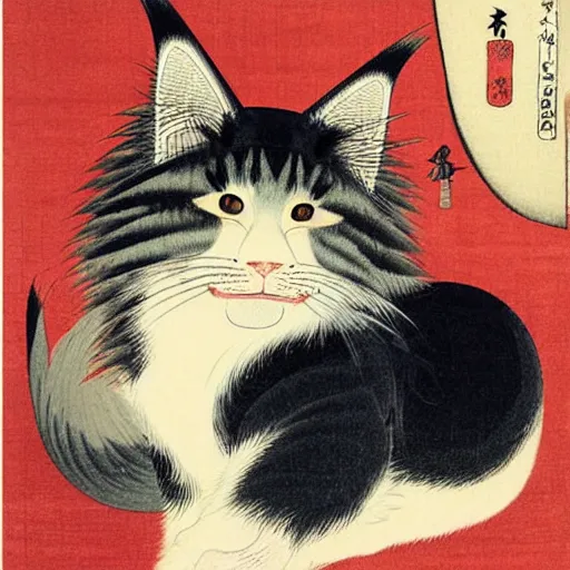 Image similar to beautiful portrait ukiyo - e painting of an ginger maine coon with white beard by kano hideyori, kano tan'yu, kaigetsudo ando, miyagawa choshun, okumura masanobu, kitagawa utamaro