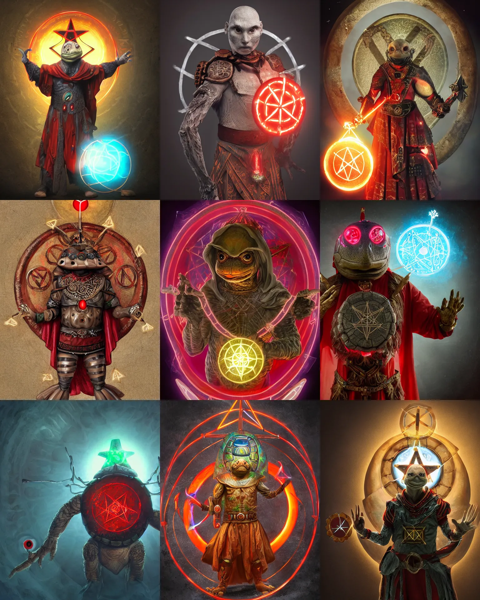 Prompt: a humanoid, anthropomorphic tortoise with glowing red arcane runes painted on his shell, dressed like a cleric, holding a pentagram shield, award - winning 4 k photograph