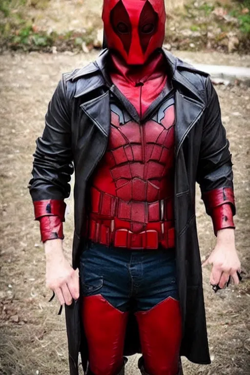 Image similar to red hood cosplay, creepy