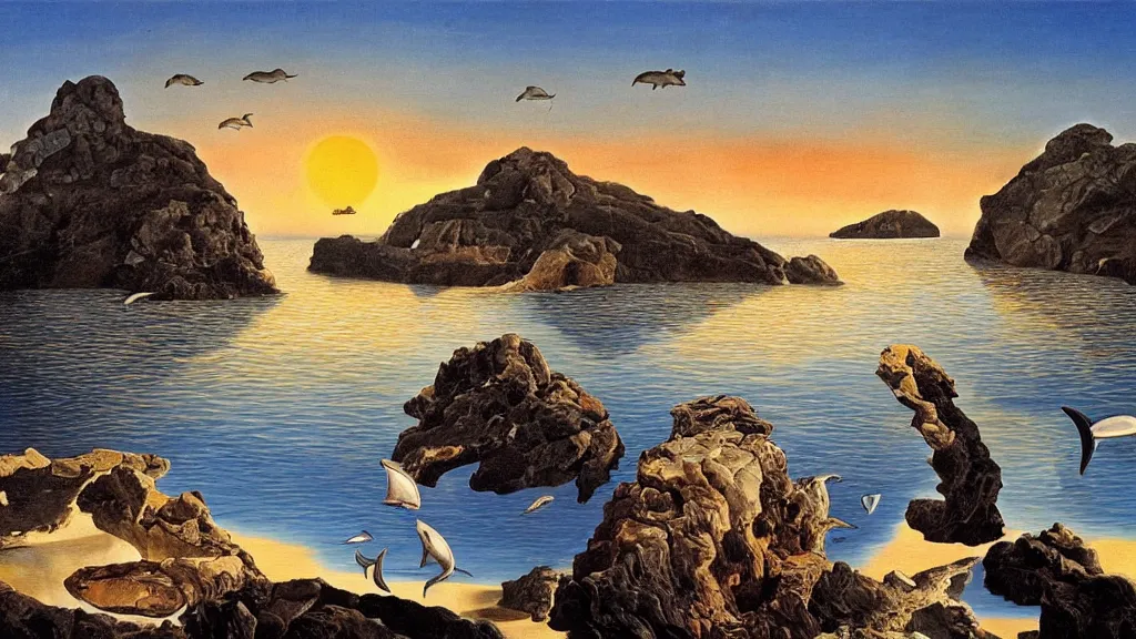 Prompt: High-Quality surrealist painting of Cap de Creus with dolphins at dawn, peaceful, very detailed, oil painting by Salvador Dalí.