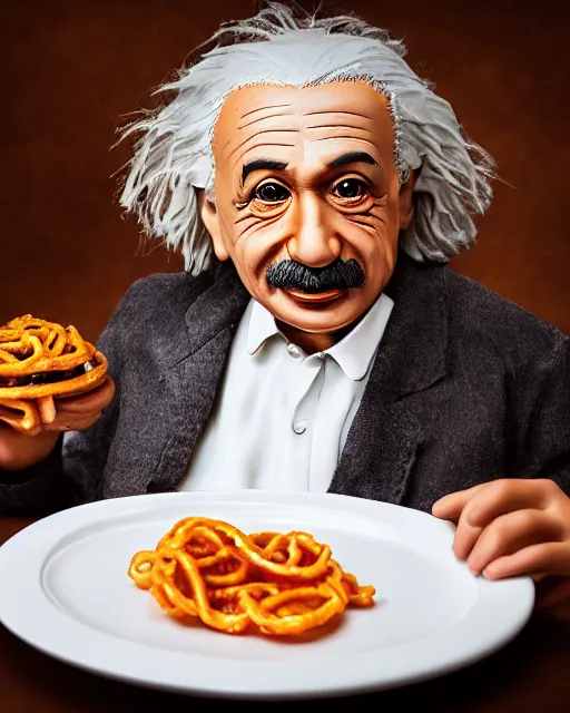 Image similar to a portrait of albert einstein sitting at the dining table with a plate containing jalebi in front of him, highly detailed, trending on artstation, bokeh, 9 0 mm, f / 1. 4