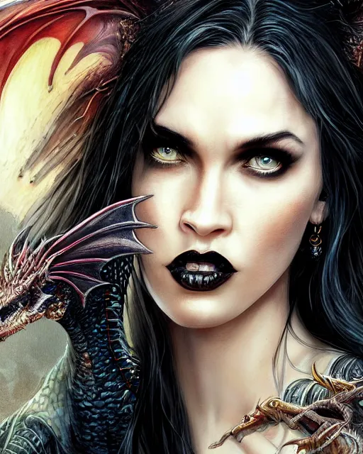 Prompt: very complex hyper-maximalist overdetailed cinematic tribal darkfantasy closeup macro portrait of a malignant beautiful young dragon queen megan fox with long black hair and dragon scale wings, Magic the gathering, pale skin and dark eyes,flirting smiling succubus confident seductive, gothic, windblown hair, vibrant high contrast, by andrei riabovitchev, tomasz alen kopera,moleksandra shchaslyva, peter mohrbacher, Omnious intricate, octane, moebius, arney freytag, Fashion photo shoot, glamorous pose, trending on ArtStation, dramatic lighting, ice, fire and smoke, orthodox symbolism Diesel punk, mist, ambient occlusion, volumetric lighting, Lord of the rings, BioShock, glamorous, emotional, tattoos,shot in the photo studio, professional studio lighting, backlit, rim lightingDeviant-art, hyper detailed illustration, 8k