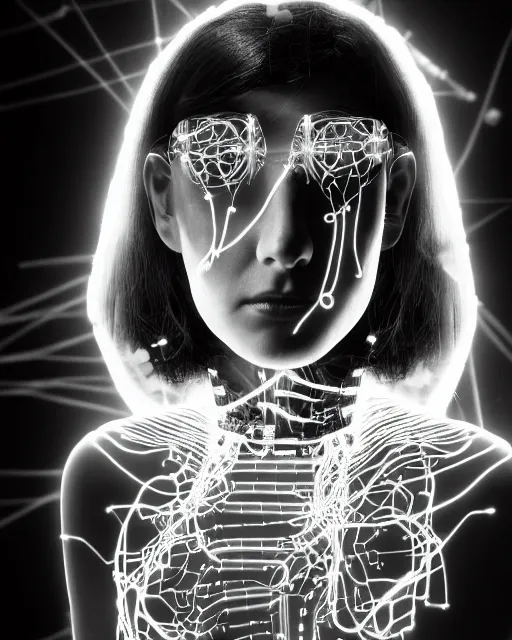 Image similar to black and white artistic photo, young female cyborg - plant goddess, microchip, artificial intelligence, bio - mechanical bio - luminescence, black wired cables, cinematic, rim light, photo - realistic, 8 k, in the style of dora maar and h. g. giger