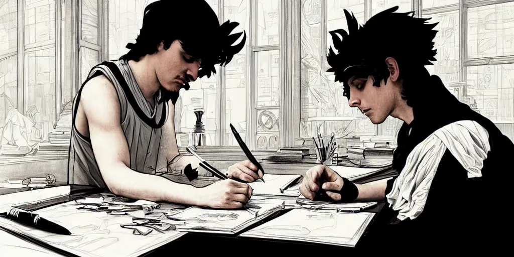Image similar to a scholarly raven is seen writing at his desk. character sheet, character design, contrast, deep focus, turnaround, highly detailed, dramatic lighting, digital painting, artstation, concept art, matte, sharp focus, illustration, elegant, art by artgerm and greg f and alphonse mucha. photo like 1 9 9 4 public access music video.