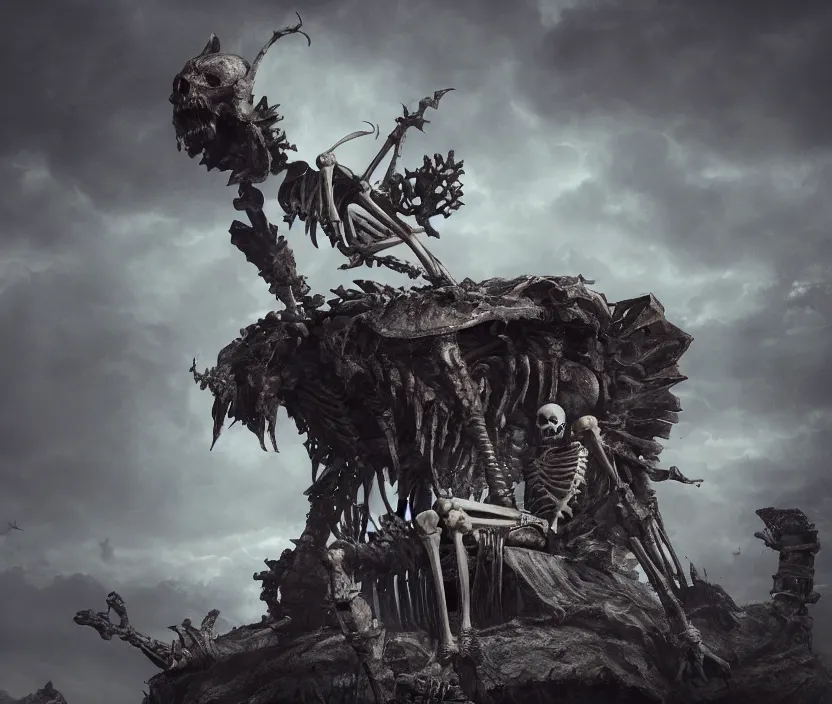 Prompt: a singular skeleton king sitting on a dark throne on the top of a mount of bones, digital art, trending on DeviantArt, highly detailed, high quality, 8K HDR, octane render, unreal engine 5, raytracing, cinematic lighting, concept art, dramatic environment