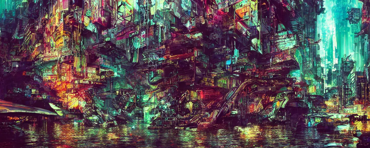 Image similar to dichroic ultra realistic illustration of beautiful ruination futuristic cyberpunk flooded kowloon, epic composition, accidental baroque golden ratio, by bill sienkiewicz. graffiti art, scifi, fantasy, hyper detailed. concept sketch. concept art. trending on artstation