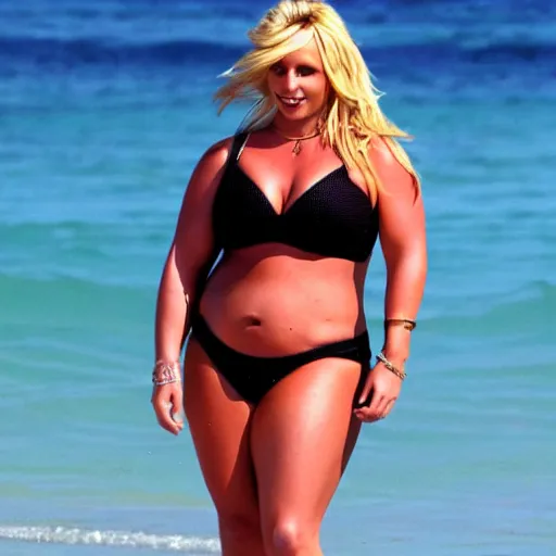 Prompt: obese britney spears beach model photoshoot