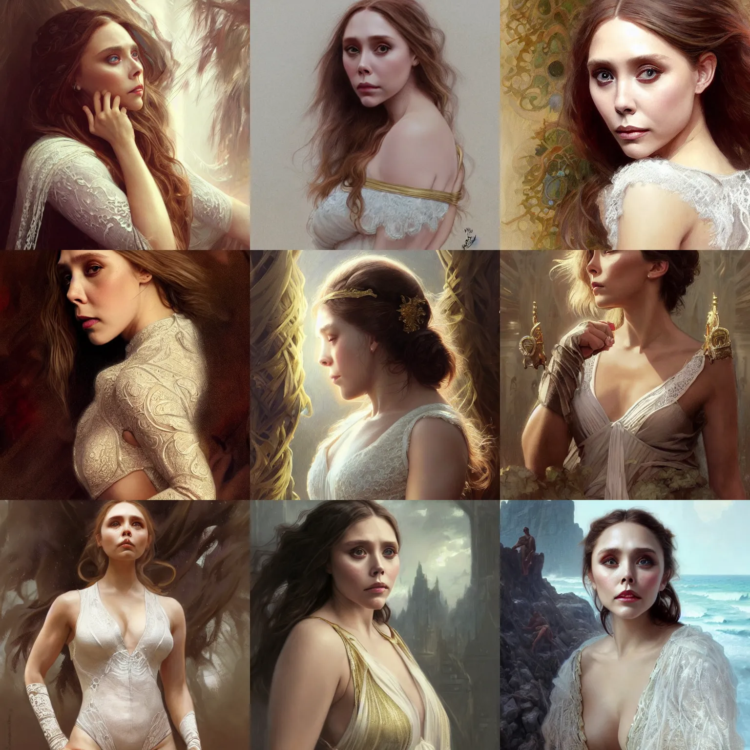 Prompt: elizabeth olsen, flexing large muscles, white lace clothing, gold accessories, elegant, highly detailed, digital painting, matte, sharp focus, art by artgerm, greg rutkowski, alphonse mucha, frank frzetta, boris vallejo, bouguereau, beksinski, cinematic