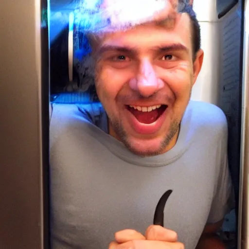 Prompt: crazy man inside a microwave, selfie, uncomfortable