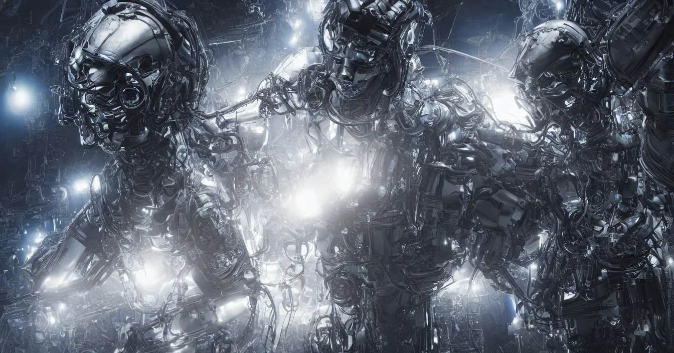 Image similar to hyperrealistic mixed media of a humanoid terminator floating in space, stunning 3d render inspired art by P. Craig Russell and Barry Windsor-Smith + perfect facial symmetry + dim volumetric lighting, 8k octane beautifully detailed render, post-processing, extremely hyperdetailed, intricate futuristic mechanic parts, epic composition, grim yet sparkling atmosphere, cinematic lighting + masterpiece, trending on artstation