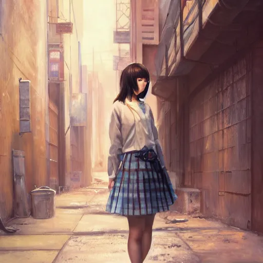 Prompt: a perfect, beutiful, realistic professional oil painting of a Japanese schoolgirl posing in a dystopian alleyway, style of Marvel, full length, by a professional American senior artist on ArtStation, a high-quality hollywood-style concept