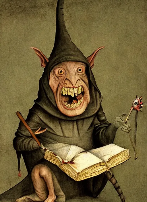 Image similar to a medieval goblin reading a book painted by hieronymus bosch, detailed digital art, trending on Artstation