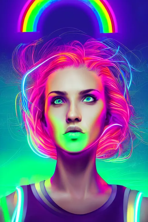 Image similar to a award winning half body portrait of a beautiful woman with stunning eyes in a croptop and cargo pants with rainbow colored ombre hairstyle head in motion and hair flying by thomas danthony, surrounded by whirling illuminated neon lines, outrun, vaporware, shaded flat illustration, digital art, trending on artstation, highly detailed, fine detail, intricate