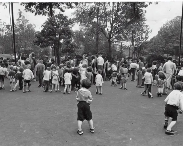 Image similar to an old photo of a crowded playground from the 1 9 5 0 s with slenderman in the background