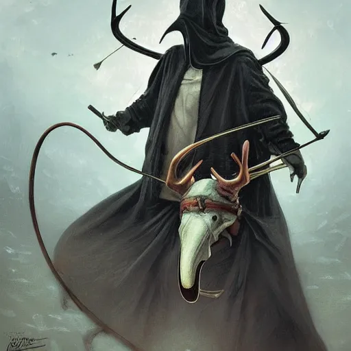 Image similar to ! dream a plague doctor hunting with a bow, with antlers on his head, deep focus, intricate, elegant, highly detailed, digital painting, artstation, concept art, matte, sharp focus, illustration, art by artgerm and greg rutkowski and alphonse mucha