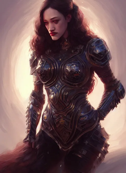 Prompt: Kat Dennings, passion, bravery, intricate armour costumes, light and shadow effects, intricate, highly detailed, digital painting, art station, concept art, smooth, sharp focus, illustration, art by Krenz Cushart and WLOP from ArtStation