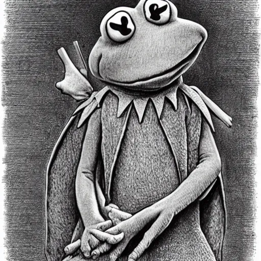 Image similar to Kermit the Frog from Sesame Street by Gustave Dore, full body grayscale drawing