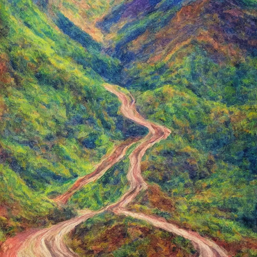 Prompt: an artwork about a road going down a beautiful valley full of hopes and dreams