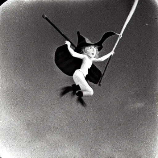 Image similar to pinhole camera photo of a witch flying on a broomstick