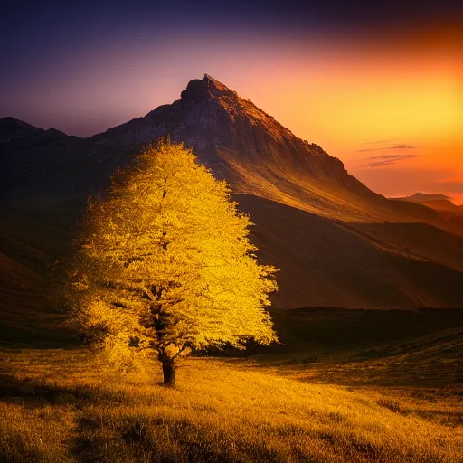 Prompt: a beautiful landscape photography of ciucas mountains mountains a yellow intricate tree in the foreground sunset dramatic lighting by marc adamus