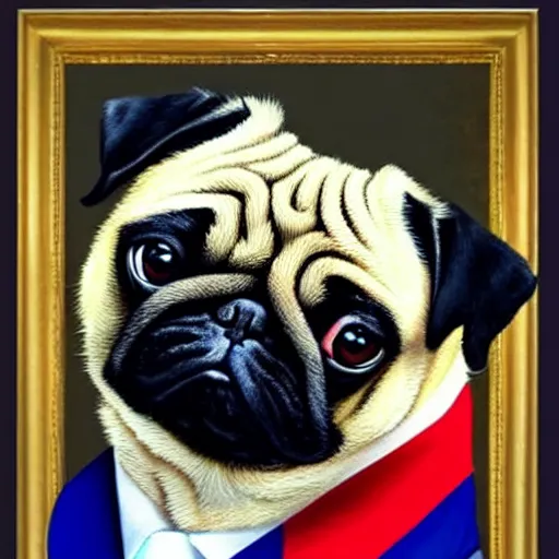 Image similar to a pug president of the usa. president of the us. in the oval. amazing painting. formal. beautiful. high resolution. highly realistic. close - up. trending on artstation